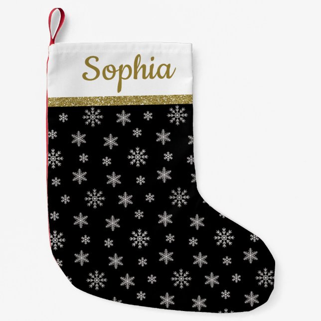 Petite Chaussette De Noël Snowflakes motif noir nom personnalisé (Devant)