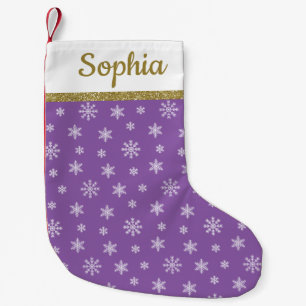 Petite Chaussette De Noël Snowflakes Nom personnalisé du motif violet