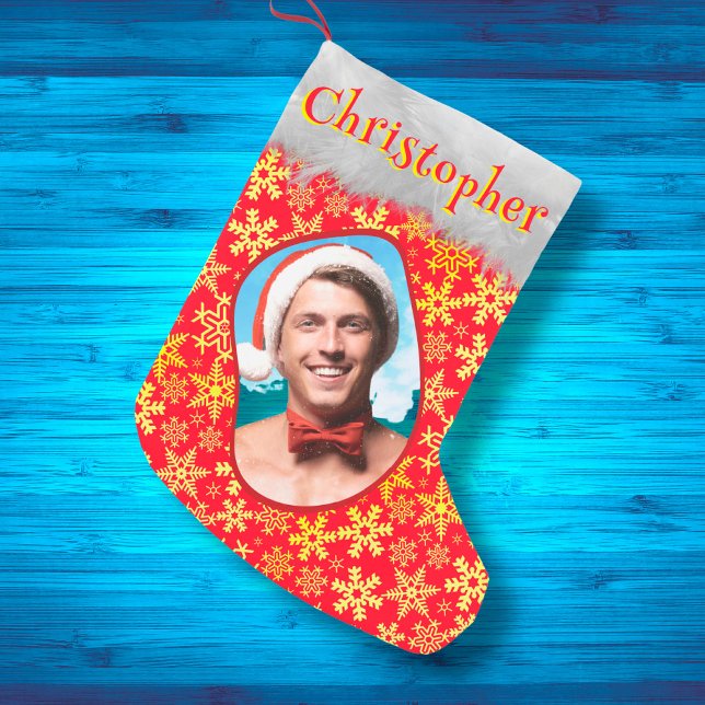Petite Chaussette De Noël Snowflakes Red & Gold Festive Élégant Nom photo (Créateur téléchargé)