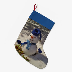 Petite Chaussette De Noël Snowman avec casquette bleu, gants et écharpe