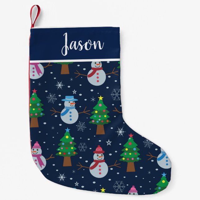 Petite Chaussette De Noël Snowman motif avec arbres de Noël sur mesure (Devant)