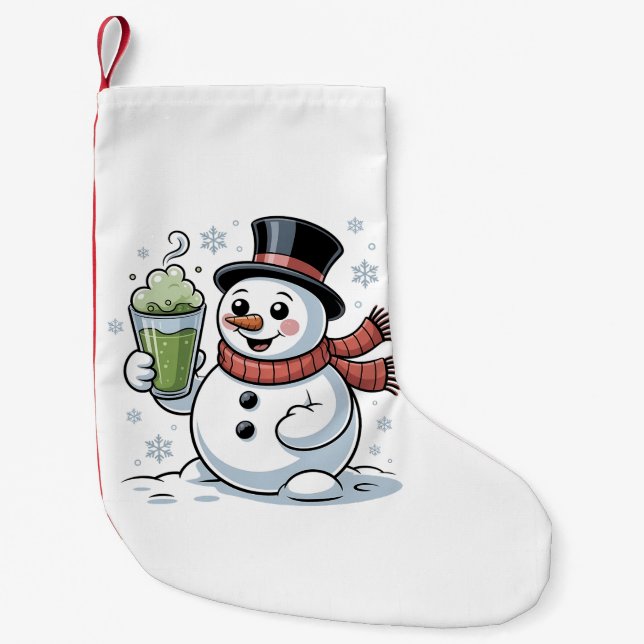 Petite Chaussette De Noël Snowman tenant Matcha Boire Noël (Devant)