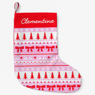 Petite Chaussette De Noël Sweat Faux Knit de Noël avec nom rose et rouge