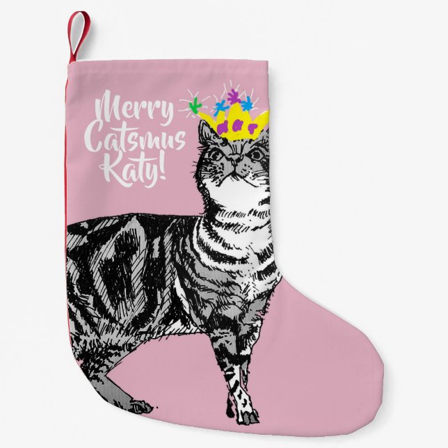 Petite Chaussette De Noël Tabby Cat Merry Catsmus Pink Noël Stocker (Devant)