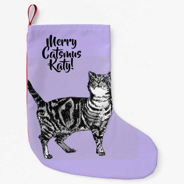 Petite Chaussette De Noël Tabby Cat Merry Catsmus Purple Christmas Stocking (Devant)