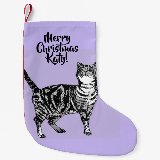 Petite Chaussette De Noël Tabby Cat Merry Christmas Purple lavender Stocking (Devant)