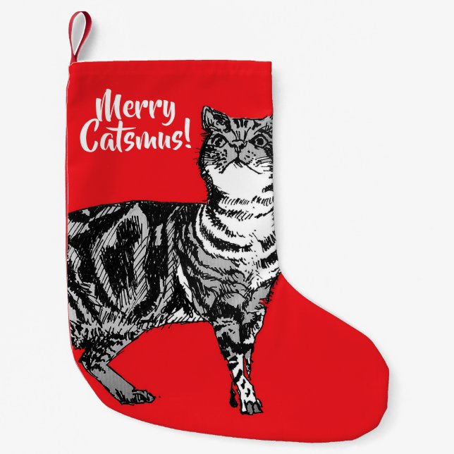 Petite Chaussette De Noël Tabby Chat Merry Catsmus Rouge Noël Stocker (Devant)