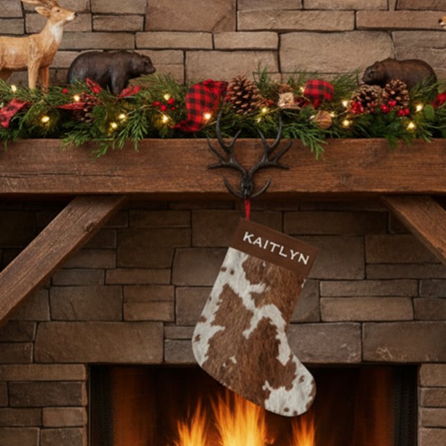 Petite Chaussette De Noël Taches de fourrure de vache rustique marron blanc (Créateur téléchargé)