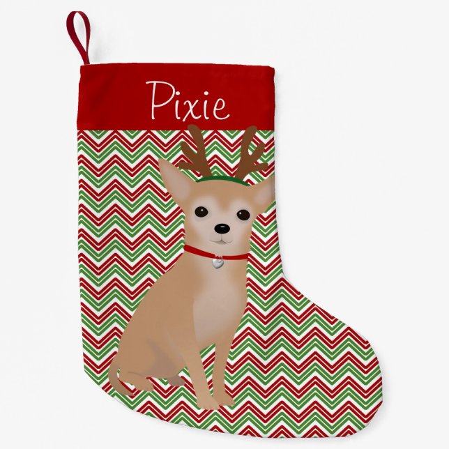 Petite Chaussette De Noël Tan Chihuahua personnalisé, Chevrons rouges et ver (Devant)