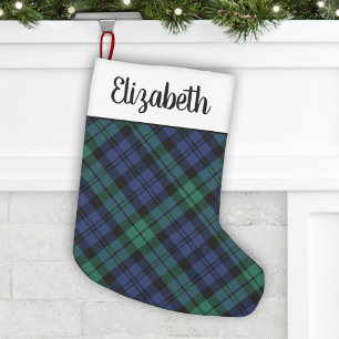 Petite Chaussette De Noël Tartan à carreaux vert rustique et bleu avec monog