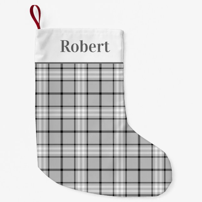 Petite Chaussette De Noël Tartan gris moderne Motif plaid avec nom (Devant)