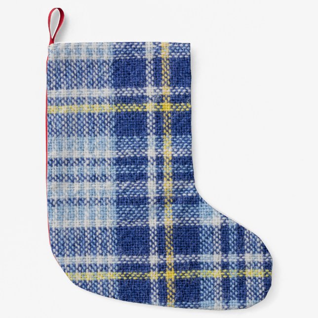 Petite Chaussette De Noël Tartan jaune bleu : Plaid tendance (Devant)