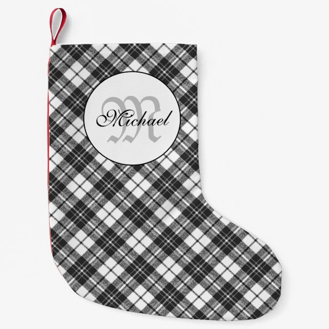 Petite Chaussette De Noël Tartan motif Noël noir blanc Monogramme (Devant)