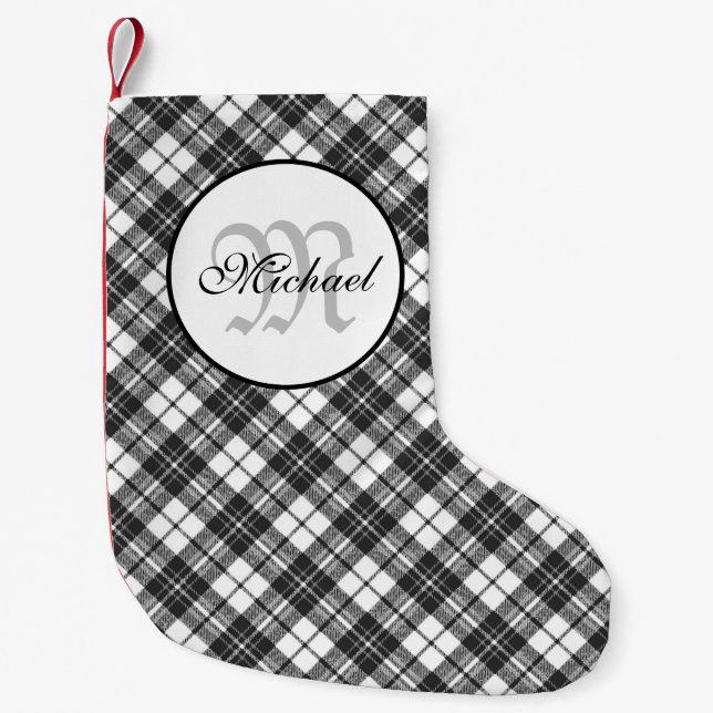 Petite Chaussette De Noël Tartan motif Noël noir blanc Monogramme (Devant)