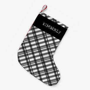 Petite Chaussette De Noël Tartan noir et blanc Buffalo Plaid Nom Personnalis