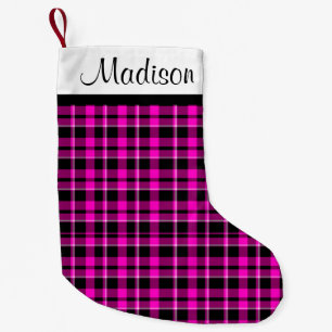 Petite Chaussette De Noël Tartan rose et noir plaid personnalisé
