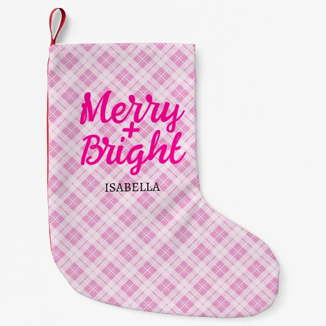 Petite Chaussette De Noël Tartan rose Noël Joyeux Bright Nom personnalisé (Devant)