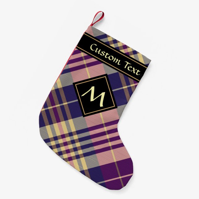 Petite Chaussette De Noël Tartan Violet, Or et Bleu (Devant (Accrochage))