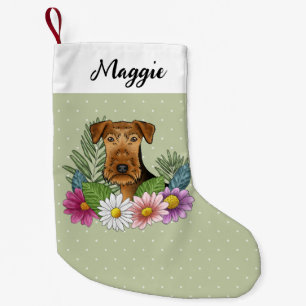 Petite Chaussette De Noël Térrier Airedale avec des fleurs colorées Vert