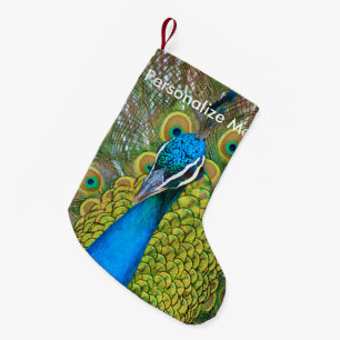 Petite Chaussette De Noël Tête de bleu de paon avec et plumes de queue