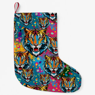 Petite Chaussette De Noël Tête de tigre couleurs arc-en-ciel peinture taches