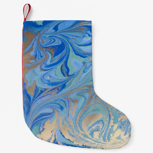 Petite Chaussette De Noël Texture d'aquarelle liquide en or bleu (Devant)