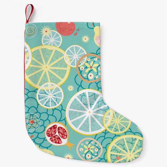 Petite Chaussette De Noël Texture de fruits, Arrière - plan vibrant. (Devant)