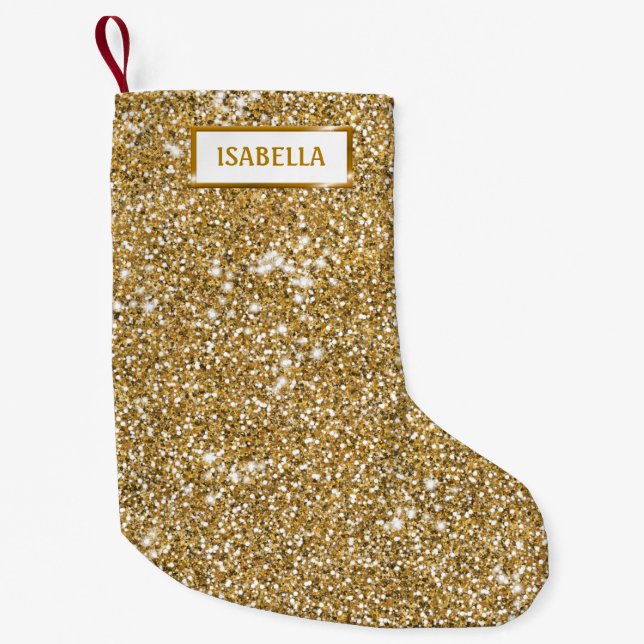 Petite Chaussette De Noël Texture de scintillement jaune doré faux avec nom (Devant)