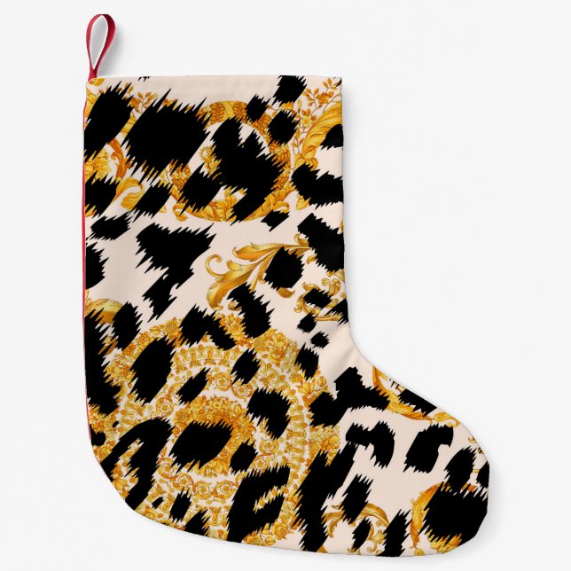 Petite Chaussette De Noël Texture léopard : motif baroque or. (Devant)