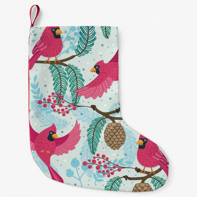 Petite Chaussette De Noël Thème d'hiver : Motif du cardinal rouge. (Devant)