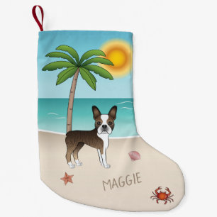 Petite Chaussette De Noël Tigre Boston Terrier sur une plage tropicale estiv