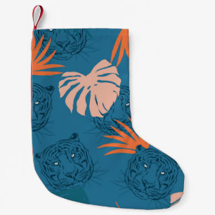 Petite Chaussette De Noël Tigres tropicaux Feuilles Bleu profond