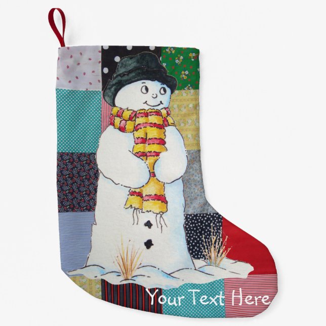 Petite Chaussette De Noël tissu patchwork avec joli bonhomme de neige art No (Devant)