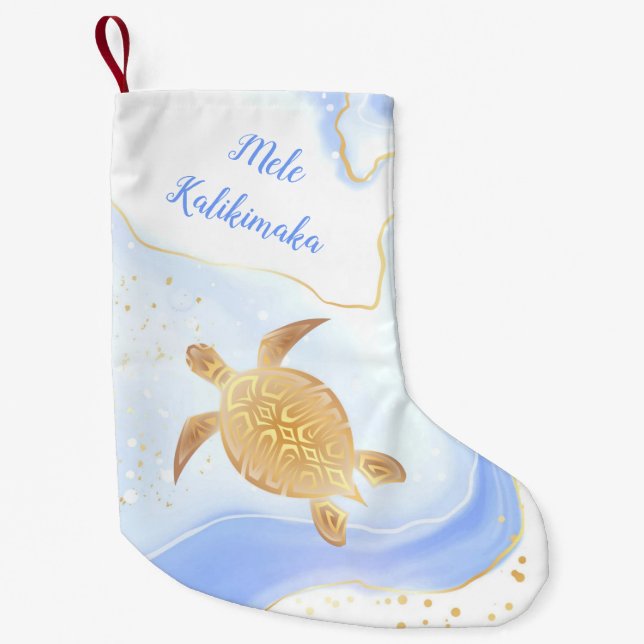Petite Chaussette De Noël Tortue d'or Marbre bleu Tribal Mele Kalikimaka (Devant)