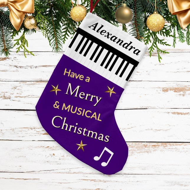 Petite Chaussette De Noël Touches de piano violet instrument de musique Nom  (A personalized, purple Christmas stocking with black and white piano keys and festive greeting)