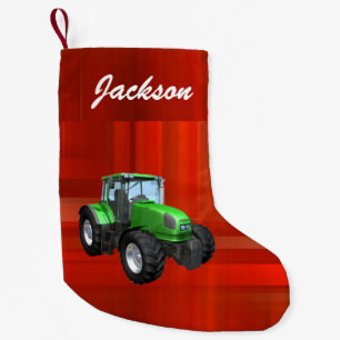 Petite Chaussette De Noël Tracteur vert moderne personnalisé sur rouge