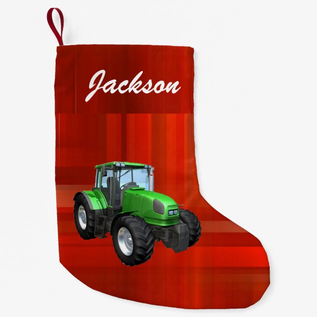 Petite Chaussette De Noël Tracteur vert moderne personnalisé sur rouge (Devant)