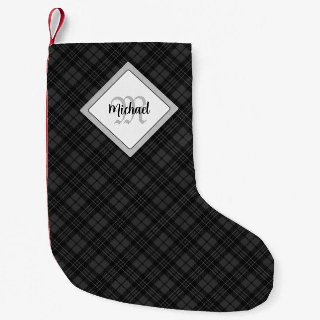 Petite Chaussette De Noël Trendy noir blanc tartan Personnaliser Monogramme (Devant)