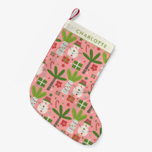 Petite Chaussette De Noël Tropical Christmas Snowmen Pink Green Personnalisé