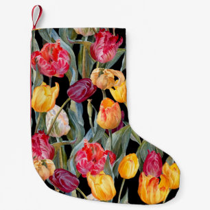 Petite Chaussette De Noël Tulipes colorées, arrière - plan noir isolé.