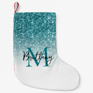 Petite Chaussette De Noël Turquoise Parties scintillant blanc Ombre Monogram