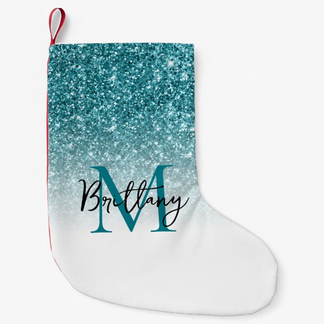 Petite Chaussette De Noël Turquoise Parties scintillant blanc Ombre Monogram (Devant)