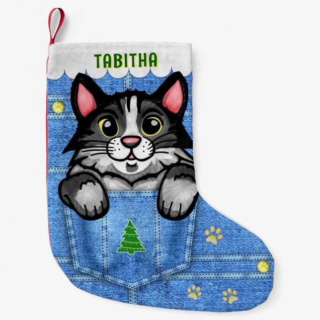 Petite Chaussette De Noël Tuxedo Chat à Faux Denim Poche avec nom personnali (Devant)