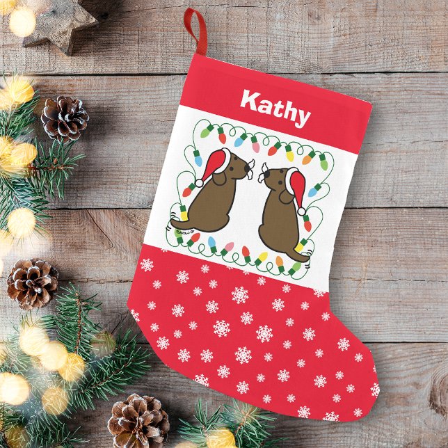 Petite Chaussette De Noël Twin Chocolate Labrador Santas (Personalized Twin Chocolate Labrador Santas Christmas Stocking for Labrador Retriever Owners.)