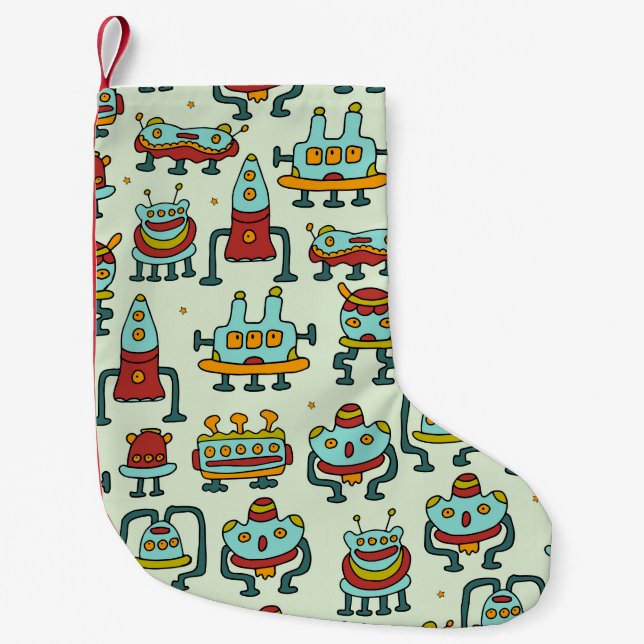 Petite Chaussette De Noël Un motif de robots - aliens. illustration.  (Devant)