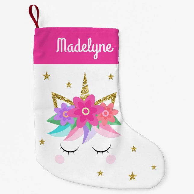 Petite Chaussette De Noël Unicorn Fleurs Étoiles Nom personnalisé Rose (Devant)