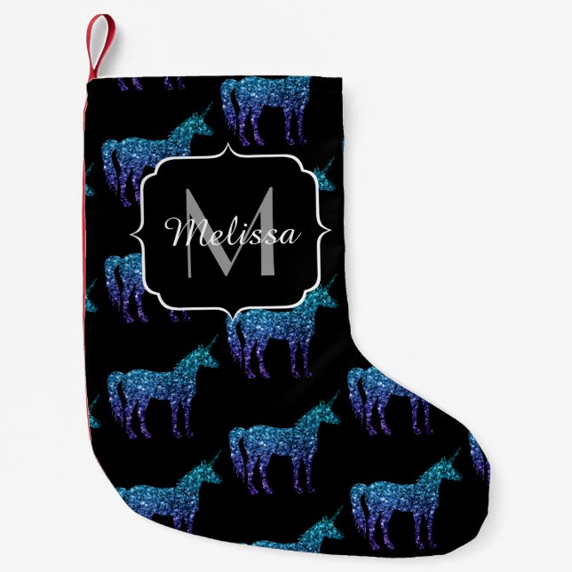 Petite Chaussette De Noël Unicorn Sparkles aqua blue ombre motif Monogramme (Devant)