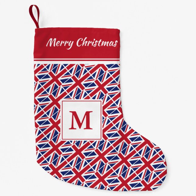 Petite Chaussette De Noël UNION JACK UK Drapeau Monogramme Texte personnalis (Devant)