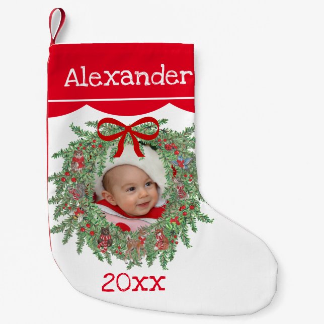 Petite Chaussette De Noël Vacances Photo Stocker Wreath Woodland Date (Devant)