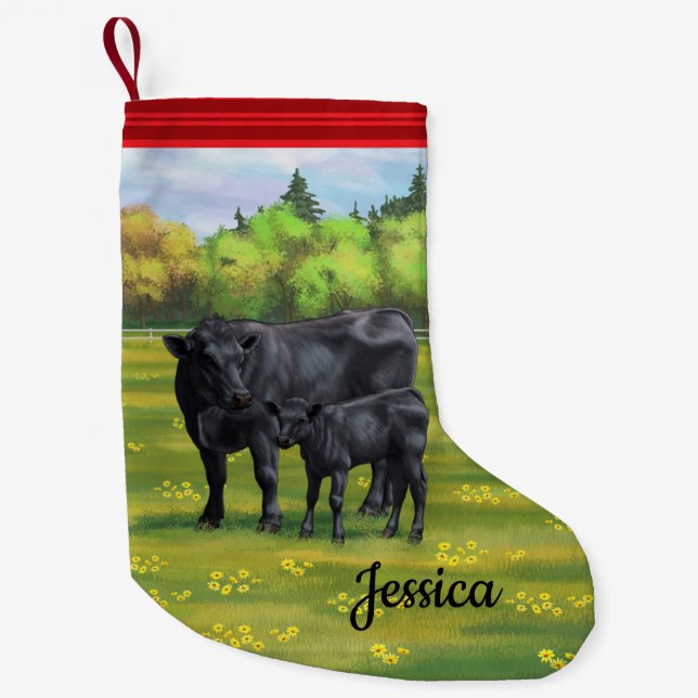 Petite Chaussette De Noël Vache d'Angus noir et veau mou en pâturage d'été (Devant)